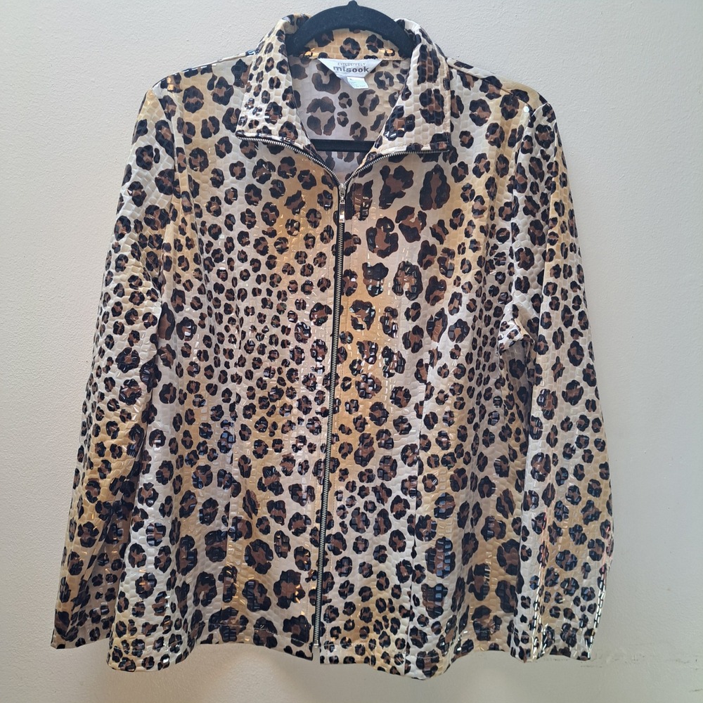 Misook Leopard Print Full Zip Jacket Glossy Textured Animal Print Tan Brown L